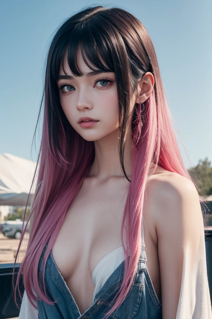 1 girl , Pink skin, long  hair, pink hair, blue colored eyes,   on top of a truck with his black haired girlfriend, skin fair,A vampire,  simple background, beautiful colors, blue truck ,ultra HD,texturized skin, looking at the spectator, 8K