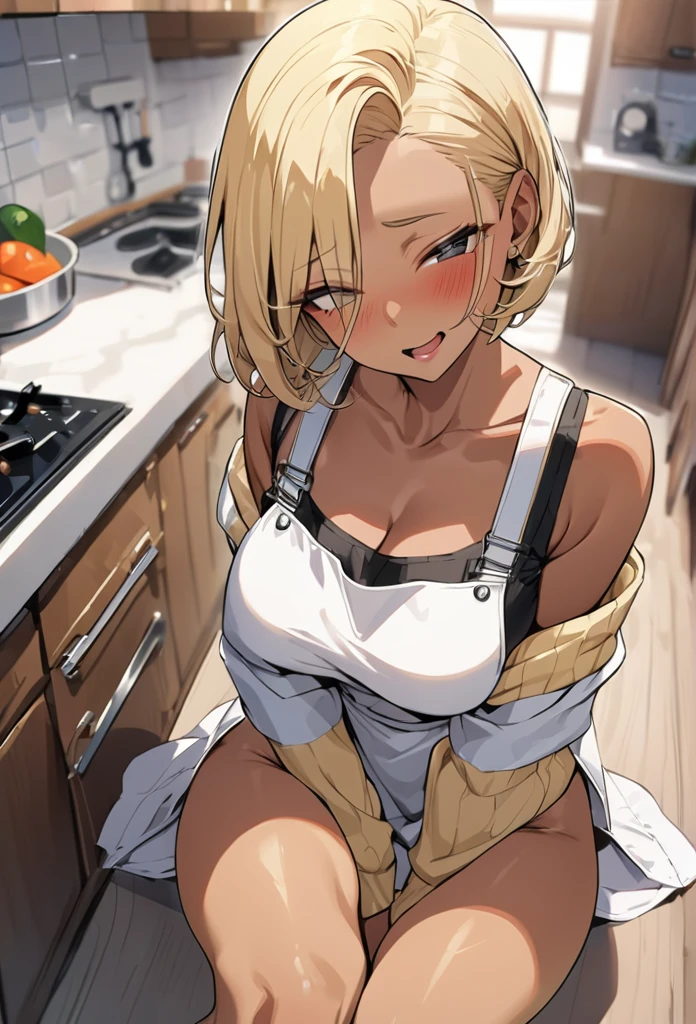 (anime style),masterpiece, best quality, extremely detailed,,tanned skin,dark skin, Beautiful body,glamour breasts,BREAK,multicolored colorful blonde hair,short hair,hair slicked back,BREAK,black eyes,wedding ring,shy smile,open mouth,half closed eye,detailed lips,open legs,BREAK,cotton black big ribbon,BREAK,yellow a sweater with vertical stripes,kitchen apron,off shoulder,navel,break,head tilt,in the kitchen,have a vegetables,put one knee on the desk