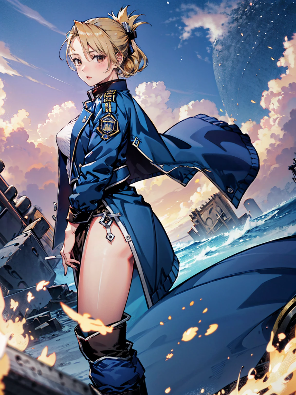 masterpiece, Highest quality, High resolution, One girl, (Blue jacketの下にBlack innerwearを着ている), Folded ponytail, Brown eyes, , (uniform, Blue jacket, Blue pants), ,Big Breasts, Black innerwear, (