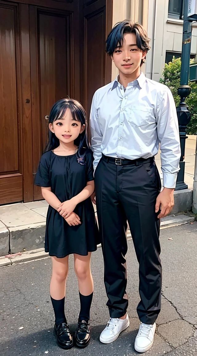 Children's book characters, Happy 17 year old girl with wavy hair, (Blue Hair), In a pink and lilac dress、He has a string with a key around his neck., She is sitting on the floor with a book on her lap