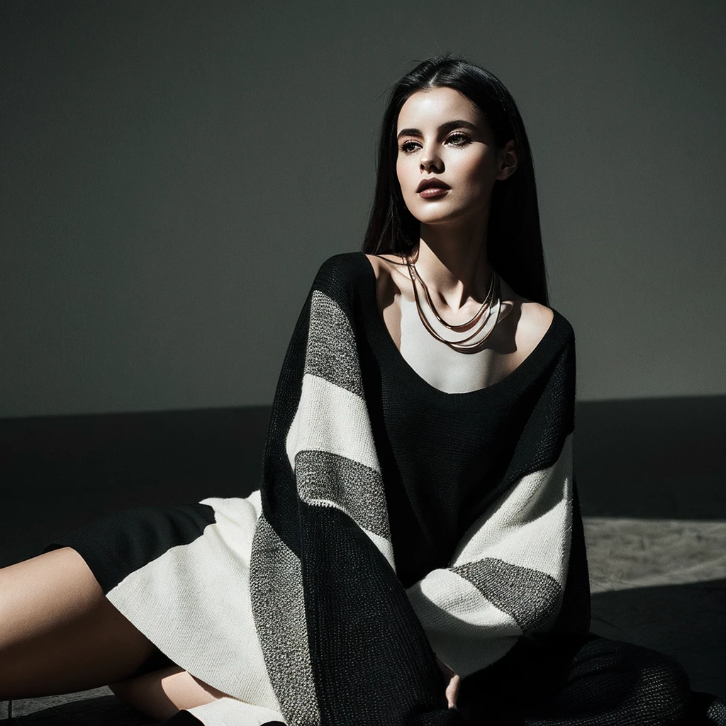 in the middle of the background in the form of radiating white lines, there is a woman sitting, this woman is wearing dark clothes with a flowing texture, and a beautiful necklace can be seen around her neck, the contrast between the dark clothes and the bright background creates an interesting composition