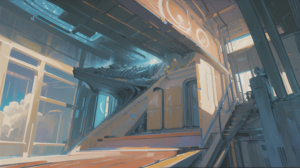 (Expressionism:1.3), (retrofuturistic spaceship in the shape of Noah's Ark:1.2) with portholes and cannons, (exotic animals around), fishes, amidst the vast cosmos of thoughts and ideas, breathtaking, shiny stars, vivid colors, cosmic scenery