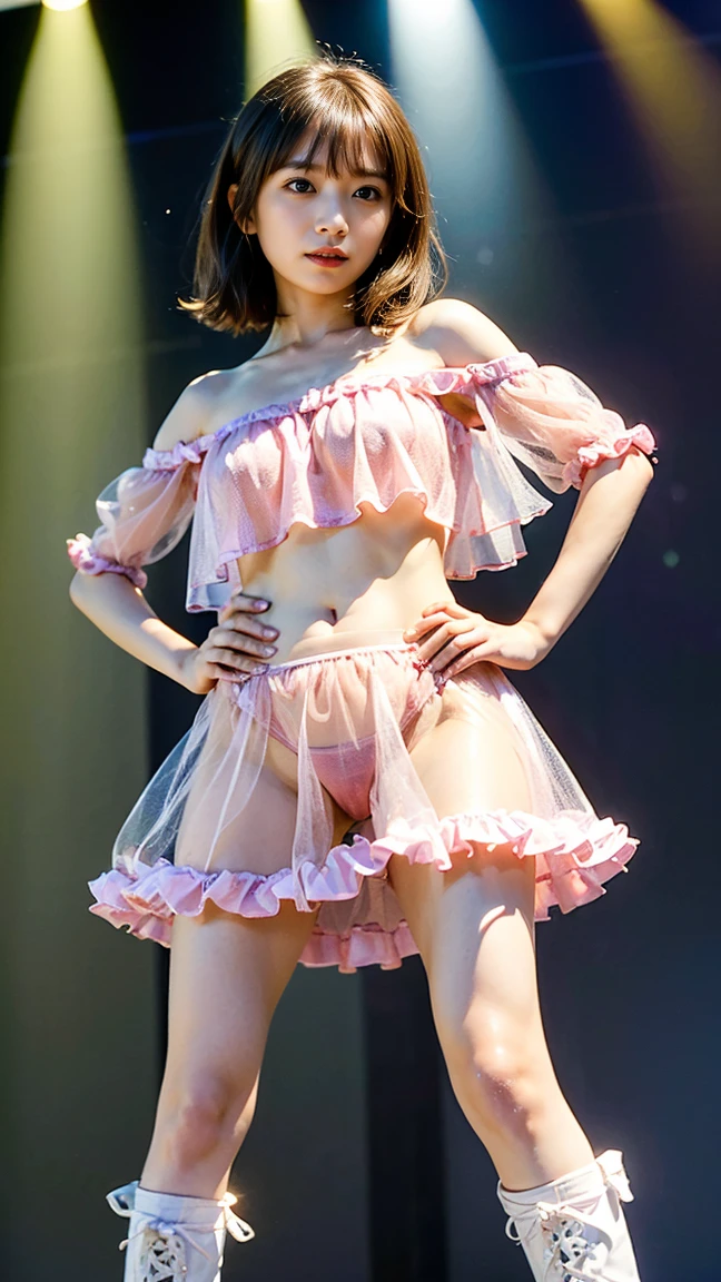 nude(8K、RAW Photos、Highest quality、masterpiece:1.2)、(Realistic、Realistic)、1 Girl、((Frill Costume、pink、belly button、Off the shoulder、ribbon、boots、See-through、mini skirt、Large Breasts、View from the front、stage、Stand with hands on hips))、Lots of eyelashes、Glowing eyelids、skeletally correct