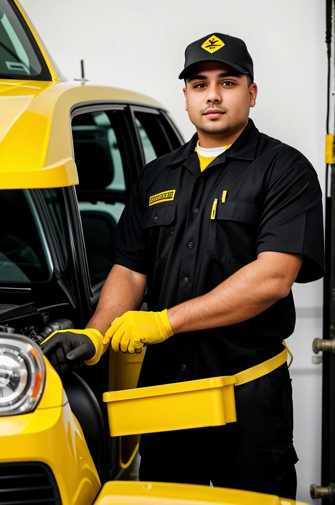 Automotive technician dressed in black and yellow worker&#39;s clothing and logo that says "Duncan Accumulators"
industrial lenses full front shot sharpness white background