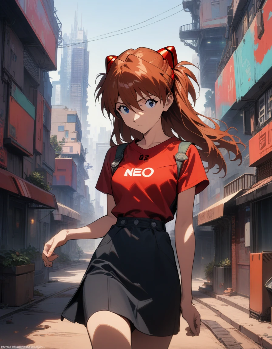"1girl, Asuka Langley Soryu, Neon Genesis Evangelion, medium breast, red hair clips, futuristic town, shirt dress, masterpiece, best quality, very aesthetic, absurdres, detailed face, cowboy shot, daytime, neo-tokyo-3 skyline"