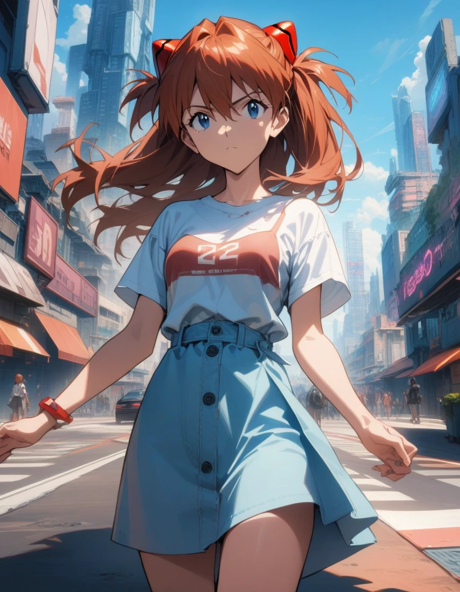 "1girl, Asuka Langley Soryu, Neon Genesis Evangelion, medium breast, red hair clips, futuristic town, shirt dress, masterpiece, best quality, very aesthetic, absurdres, detailed face, cowboy shot, daytime, neo-tokyo-3 skyline"
