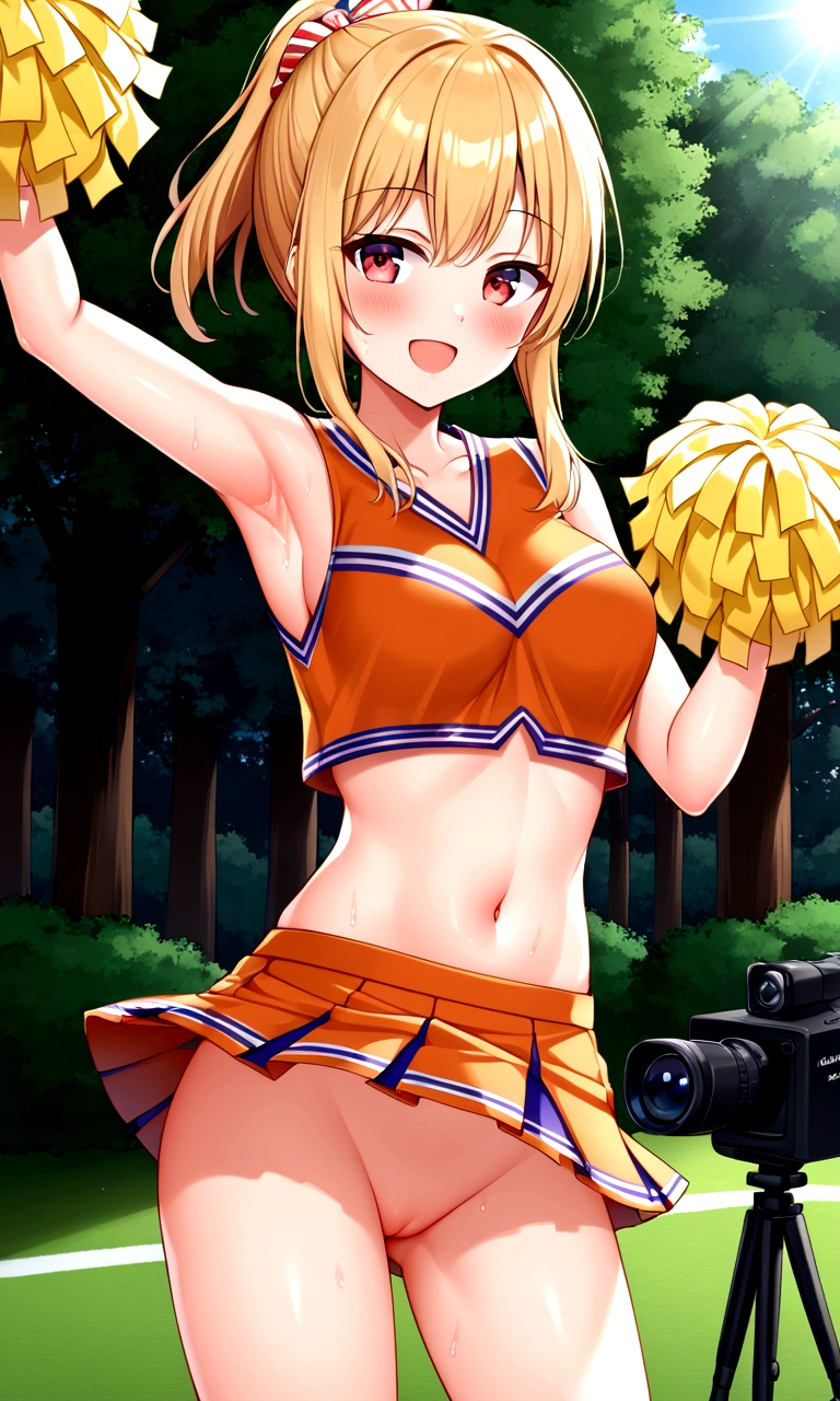 1girl, (armpit), cheerleader, frills, no panties, navel, (toned midriff:0.5), (single hair color), happy, (toned arms:0.1), (casting shadow), trees