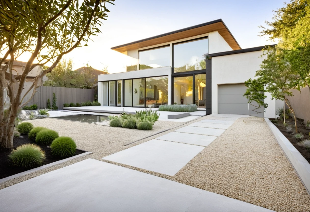 Generate a highly detailed and visually stunning photo of a modern minimalist house as seen from the outside. The house should have clean lines and a sleek design with a combination of natural materials like wood, concrete, and glass. Large floor-to-ceiling windows allow for plenty of natural light, and a simple yet elegant facade features a neutral color palette. The front yard is landscaped with minimalist elements, including a gravel path, a few strategically placed plants, and a small water feature. The setting is during the golden hour, with soft sunlight casting warm, gentle shadows, creating an inviting and serene atmosphere.