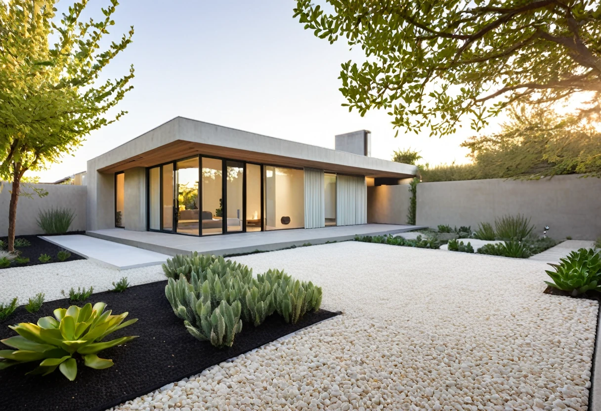 Generate a highly detailed and visually stunning photo of a modern minimalist house as seen from the outside. The house should have clean lines and a sleek design with a combination of natural materials like wood, concrete, and glass. Large floor-to-ceiling windows allow for plenty of natural light, and a simple yet elegant facade features a neutral color palette. The front yard is landscaped with minimalist elements, including a gravel path, a few strategically placed plants, and a small water feature. The setting is during the golden hour, with soft sunlight casting warm, gentle shadows, creating an inviting and serene atmosphere.