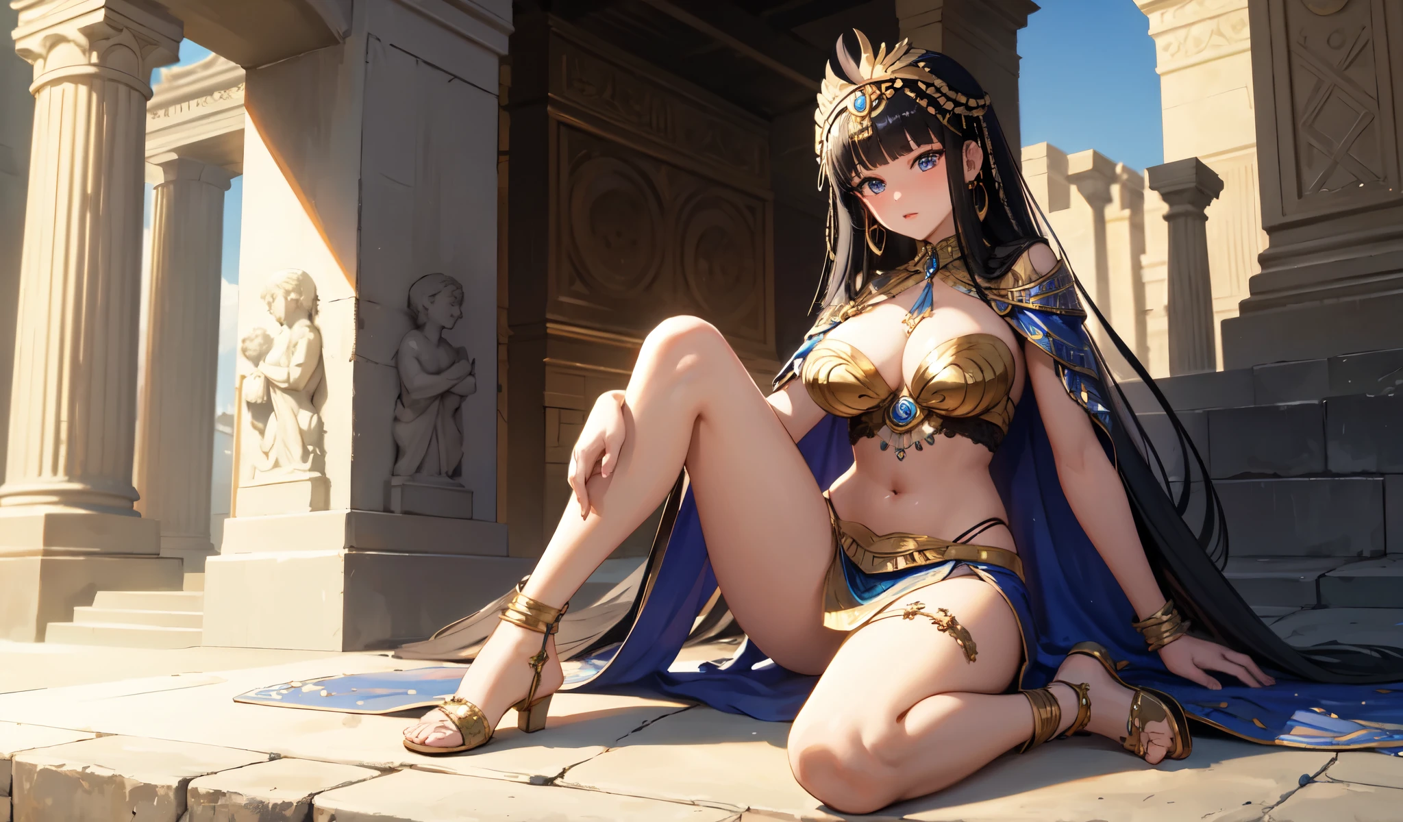 ((Highest quality)), ((masterpiece)), (detailed), Beautiful Cleopatra, Very sexy,celtic costume,Big temple,desert,Attractive pose