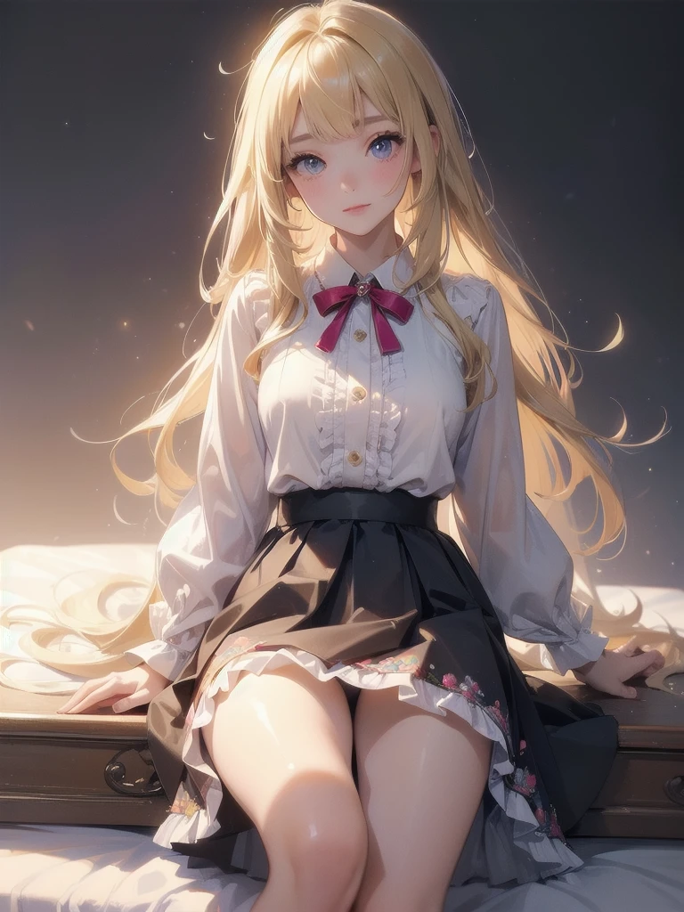 ((Masterpiece Highest quality:1.4)), ((Tabletop, Highest quality)), (8K quality), (Detailed Background:1.3), (Detailed face:1.3), (Cute Teenage Girls, alone),Beautiful portrait、Delicate body、Frilled blouse,Long Check Skirt,Vintage, Long blonde hair,Cinematic Light,A small smile,Tilt your head、Lying in a fluffy bed、sunlight、Shaking breasts、、Nipples、((She spreads her legs wide to show her pussy))、Flip Skirt、High class clothing、Rainbow glow, Beautiful sparkle,