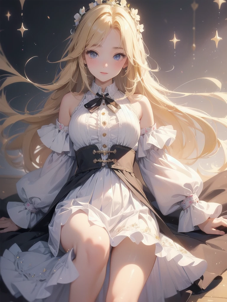 ((Masterpiece Highest quality:1.4)), ((Tabletop, Highest quality)), (8K quality), (Detailed Background:1.3), (Detailed face:1.3), (Cute age Girls, alone),Beautiful portrait、Delicate body、Frilled blouse,Long Check Skirt,Vintage, Long blonde hair,Cinematic Light,A small smile,Tilt your head、Lying in a fluffy bed、sunlight、Shaking breasts、、Nipples、((She spreads her legs wide to show her pussy))、Flip Skirt、High class clothing、Rainbow glow, Beautiful sparkle,