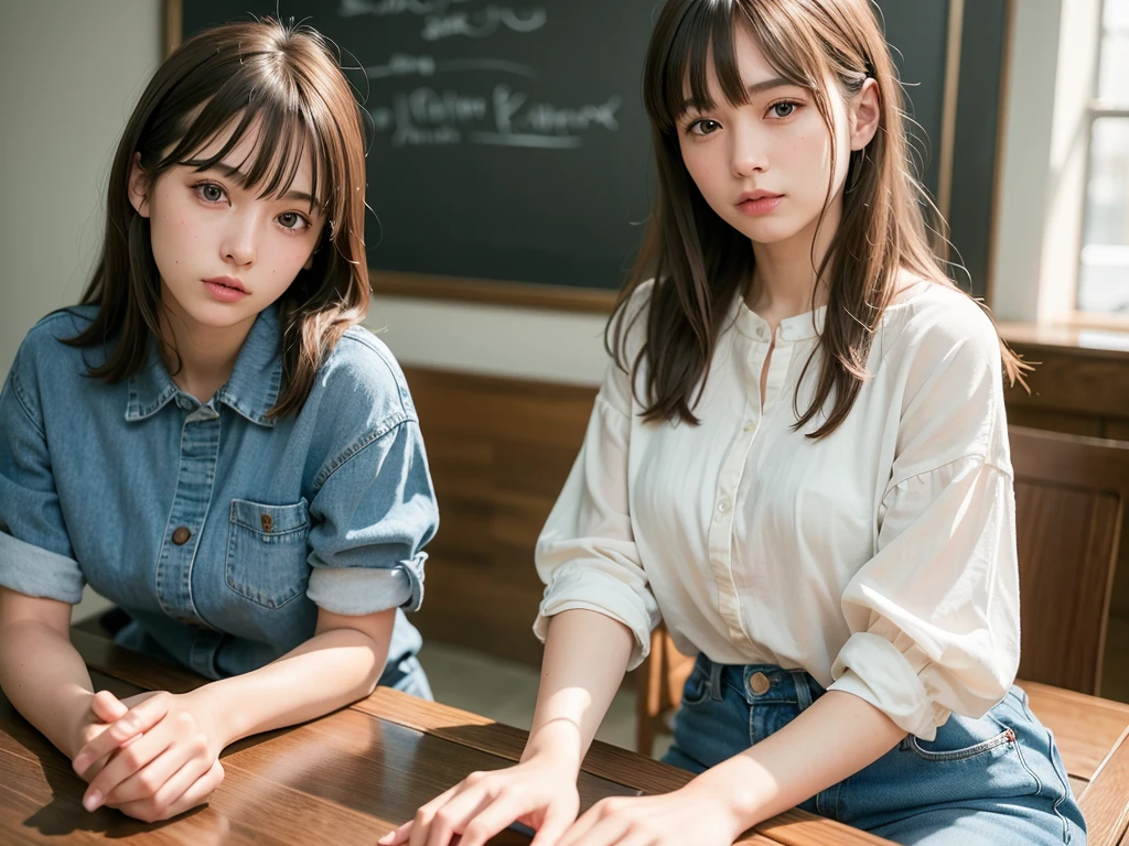 (RAW Photos, Highest quality), (Realistic, Photorealistic:1.3), Tabletop, Very delicate and beautiful,Soft Light, (Brown Hair, short hair, bangs), Beautiful detailed girl, Detailed fingers, Highly detailed eyes and face, Beautifully detailed nose, Beautiful attention to detail, 1 Girl, cute, young, Silk collar shirt, Denim jeans, Pale skin, (Half Body:1.3, Sitting), (Medium chest), Realistic face, Realistic body,