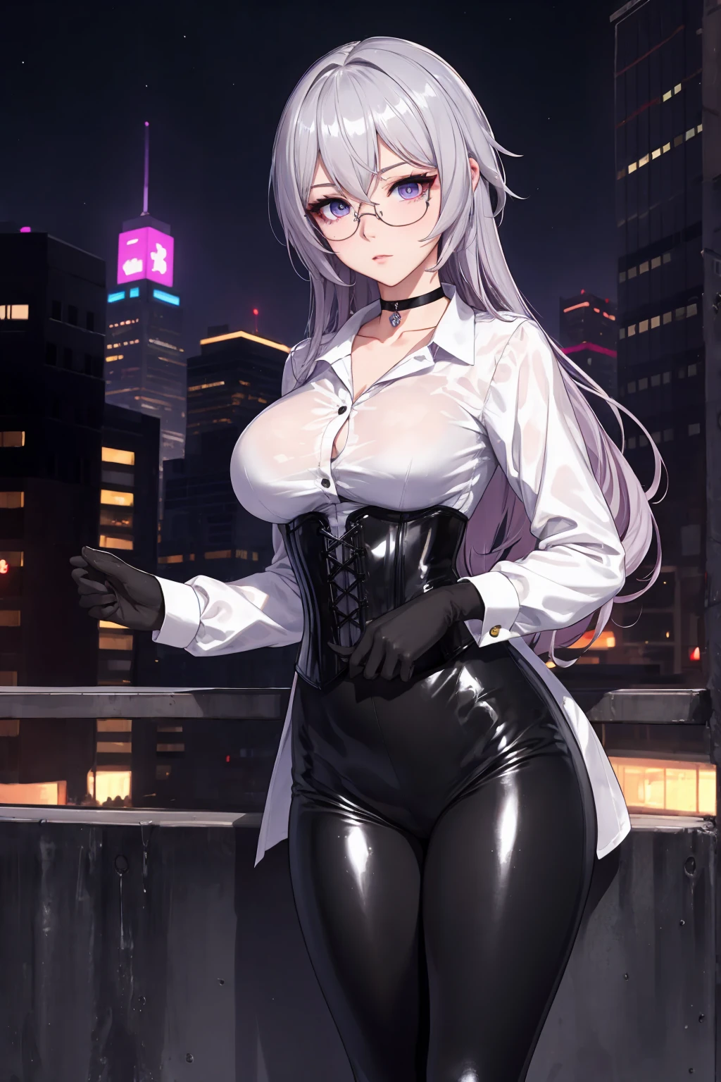 Masterpiece, Beautiful art, professional artist, 8k, detailed body, Very detailed face, very detailed eyes, Detailed clothing, detailed fabric, Best Quality, better resolution, 1 girl, bronya zaychik \(HONKAI IMPACT 3rd\), front view, standing, big breasts, serious expression, At night , long silver hair, glasses, choker:1.6, (white collar button down long sleeve shirt), (shiny black corset), black gloves that cover your hands, (shiny black leggings), looking at the viewer, modern city, At night