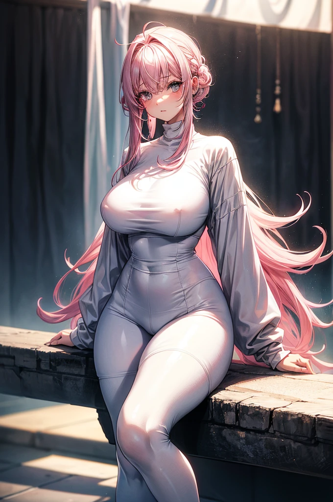 masterpiece, highly detailed, (1girl), white-pink hair, pastel colors, cozy atmosphere, natural lighting, black waist high leggings, oversized T-shirt, young16 year old ager, soft facial features, short height(150cm), hip-level shot, long slender legs, big , slender yet curvy body