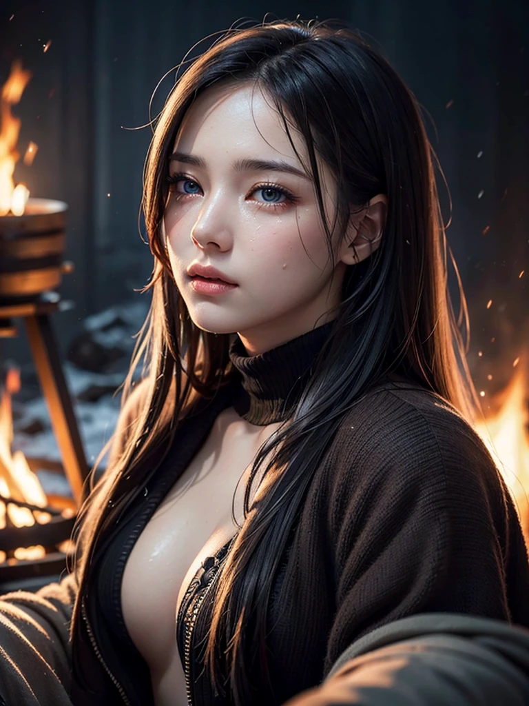 a woman with severe injuries sitting near a campfire in a destroyed snowy cityscape, beautiful detailed eyes, beautiful detailed lips, extremely detailed eyes and face, long eyelashes, beautiful female portrait, trending on artstation, 8K, best quality, ultra-detailed, realistic, photorealistic, HDR, uhd, studio lighting, ultra-fine painting, sharp focus, physically-based rendering, extreme detail description, professional, vivid colors, bokeh, cinematic lighting, dramatic, moody, dark, somber、Tears flowing、She&#39;s crying