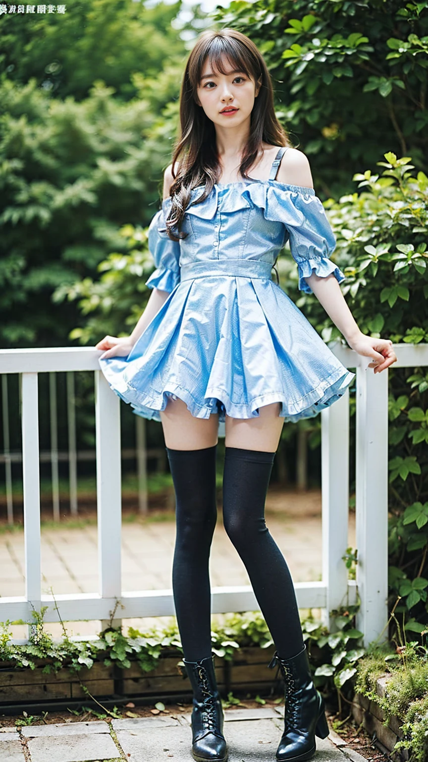 (8K、RAW Photos、Highest quality、masterpiece:1.2)、(Highest quality、Realistic)、1 Girl、((Frills、See-through、Off the shoulder、tights、Light blue and black mini skirt、Thin legs、whole body、boots、garden、View from the front、Looking into the camera、Idol Costume、、Stand with hands on hips))、cute
