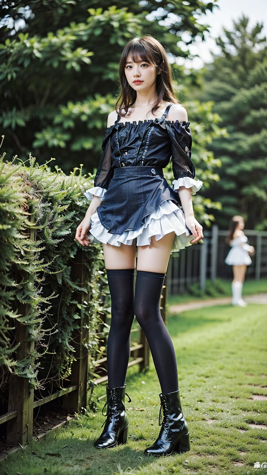 (8K、RAW Photos、Highest quality、masterpiece:1.2)、(Highest quality、Realistic)、1 Girl、((Frills、See-through、Off the shoulder、tights、Light blue and black mini skirt、Thin legs、whole body、boots、garden、View from the front、Looking into the camera、Idol Costume、、Stand with hands on hips))、cute