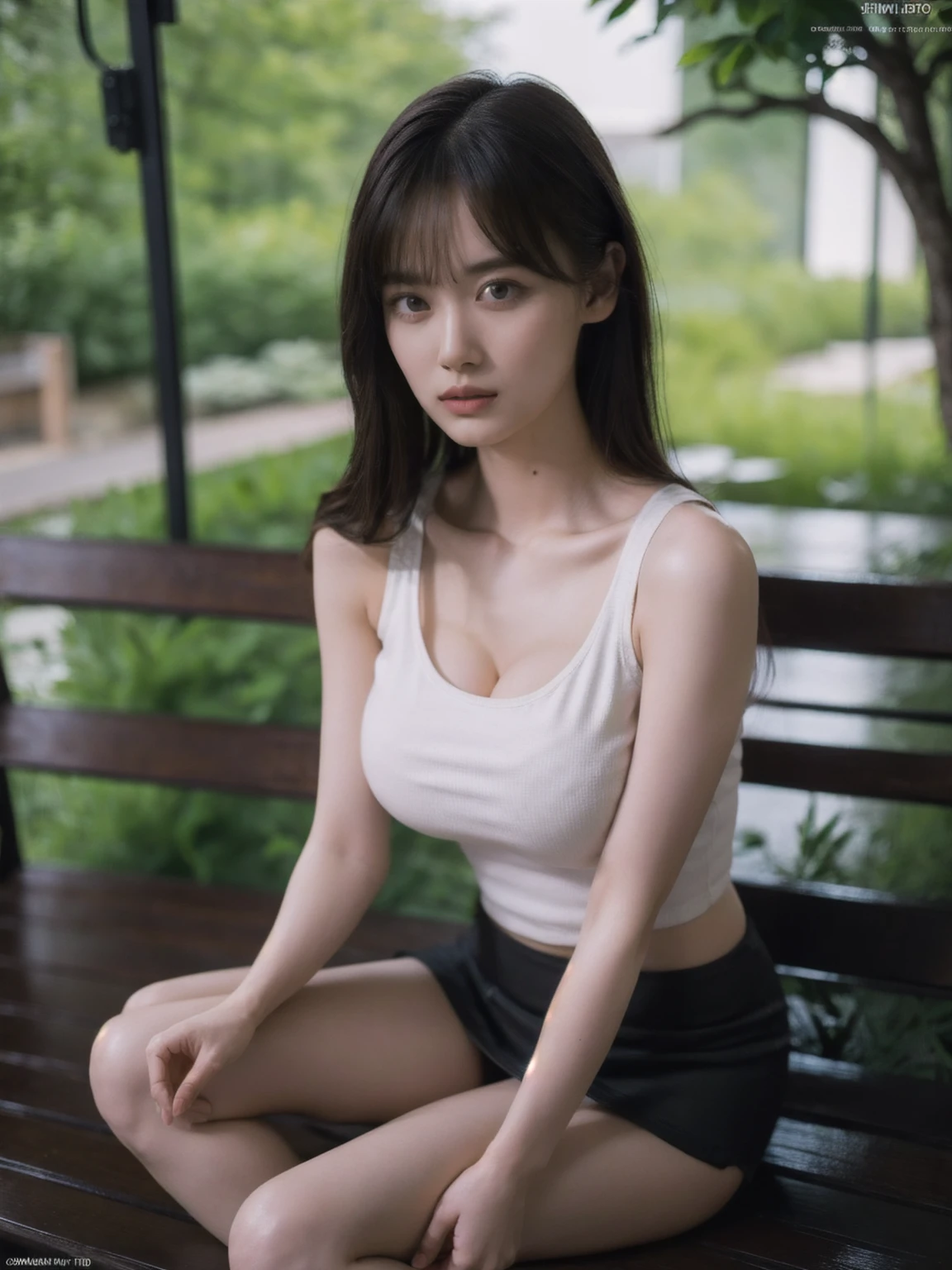 1girl, woman, masterpiece, best quality, highest quality, cinematic lighting, (volumetric lighting), extremely detailed CG unity 8k wallpaper, focused, 8k wallpaper, extremely detailed, ultra realistic, photorealistic, sharp focus, absurdres, (HDR:1.2), (high contrast), photograph, detailed and intricate, instagram, portrait, highly detailed, digital painting, artstation, concept art, smooth, sharp focus, illustration, cinematic lighting, (natural big breast:1.2), (whole body:1.2), knit strap tank top, ((sitting on a bench)), beautiful thighs, mini skirt, (full body), looking at the viewer.