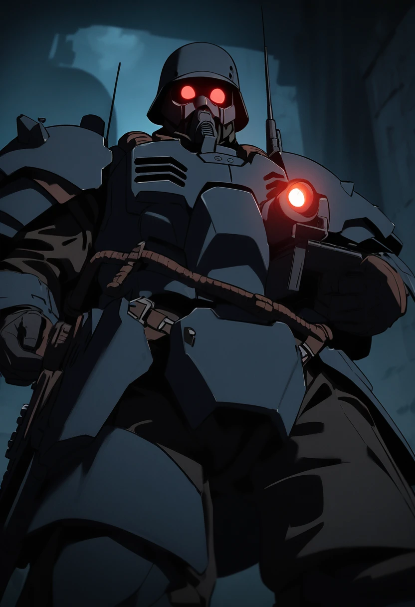 jin-roh!,1 boy,glowing,cowboy shot,strong,round eyes,backpack,no pupils,radio antenna,red eyes,dark,low-key,night,shadow,
sewer,walking,holding gun,heavy machine gun,from below,aiming at viewer,close-up,, cinematic light,masterpiece,best quality,very aesthetic,absurdres,incredibly absurdres,explit,NSFW,