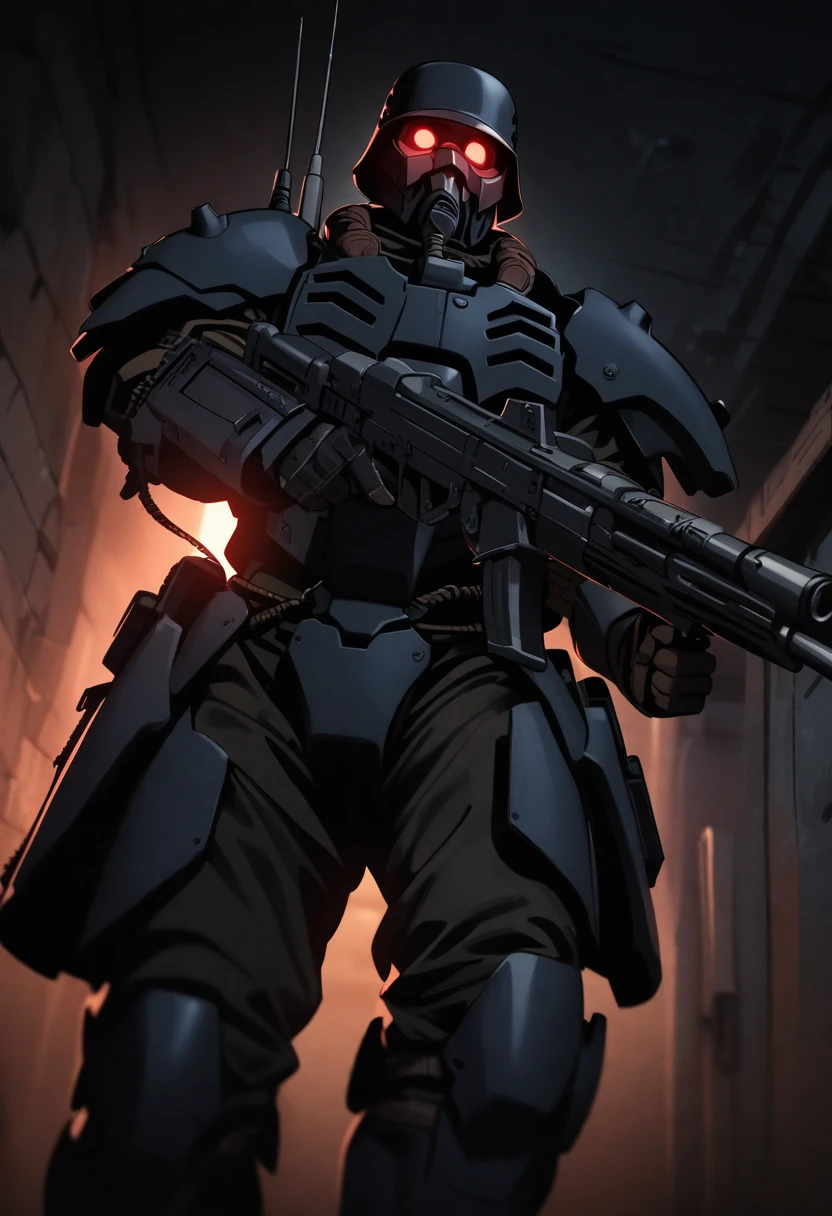 jin-roh!,1 boy,glowing,cowboy shot,strong,round eyes,backpack,no pupils,radio antenna,red eyes,dark,low-key,night,shadow,
sewer,walking,holding gun,heavy machine gun,from below,aiming at viewer,close-up,, cinematic light,masterpiece,best quality,very aesthetic,absurdres,incredibly absurdres,explit,NSFW,