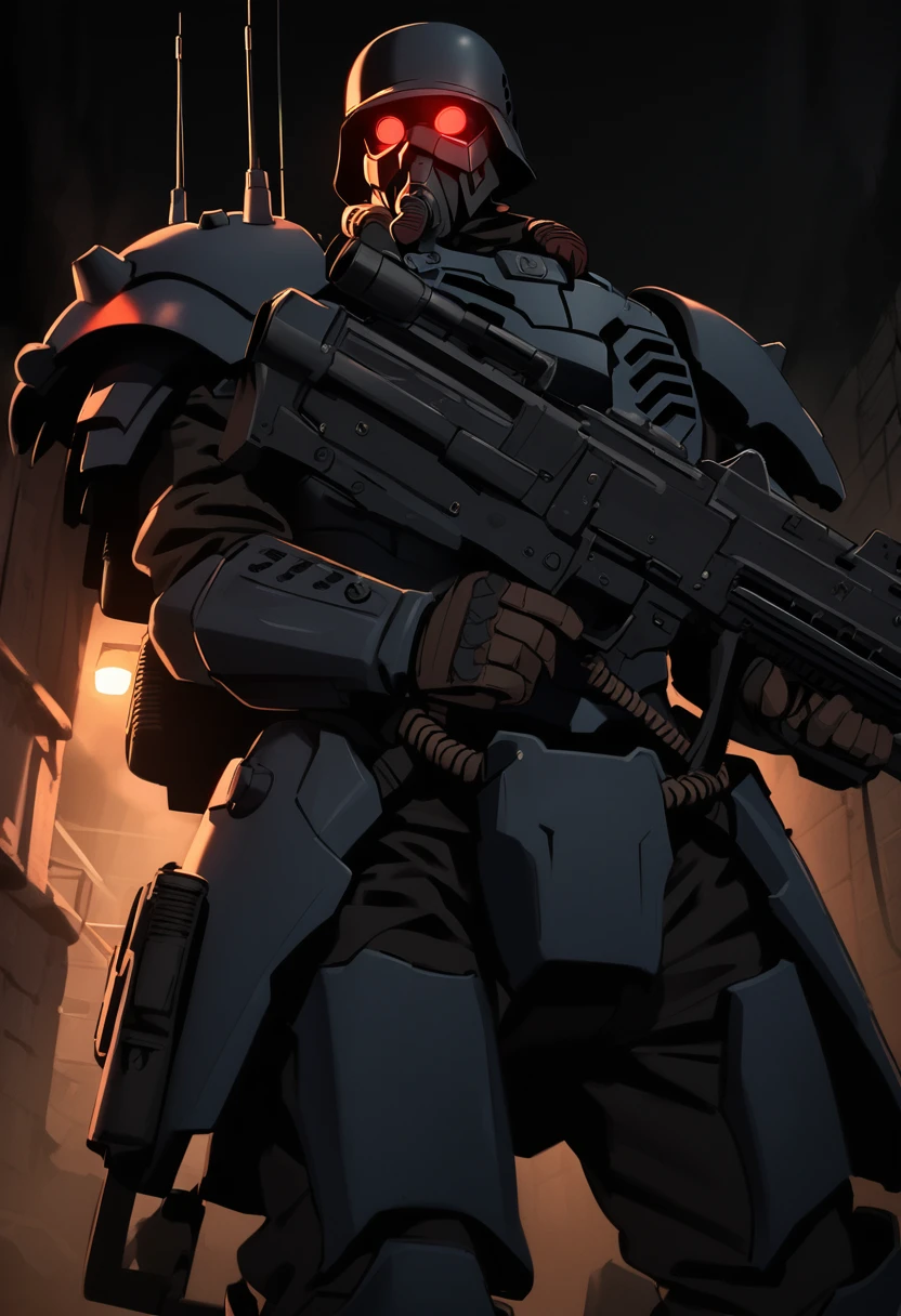 jin-roh!,1 boy,glowing,cowboy shot,strong,round eyes,backpack,no pupils,radio antenna,red eyes,dark,low-key,night,shadow,
sewer,walking,holding gun,heavy machine gun,from below,aiming at viewer,close-up,, cinematic light,masterpiece,best quality,very aesthetic,absurdres,incredibly absurdres,explit,NSFW,