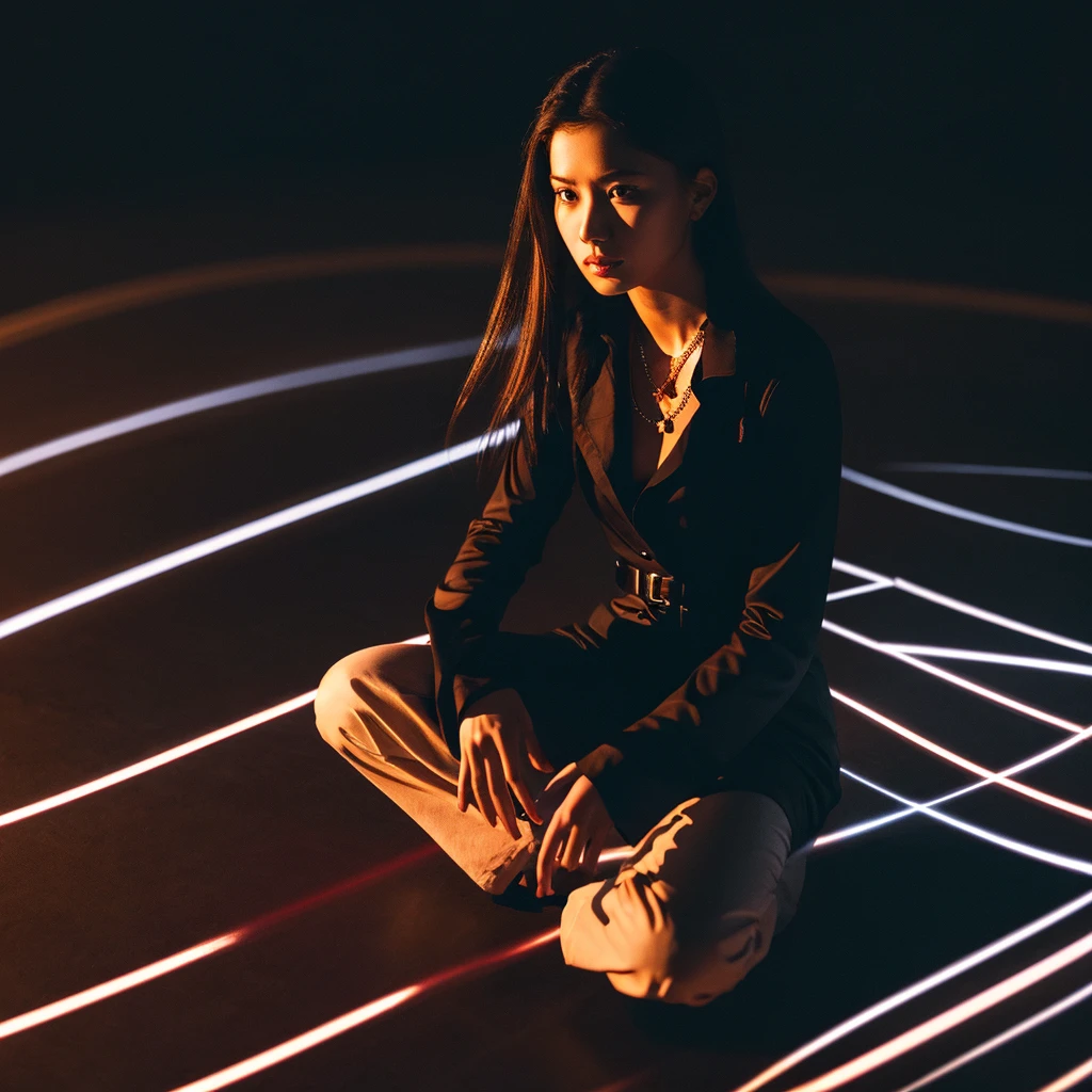 A woman sitting in the middle of the background with radiating white lines, wearing dark flowing clothes with a beautiful necklace, dramatic lighting, high contrast, dark and light, photorealistic