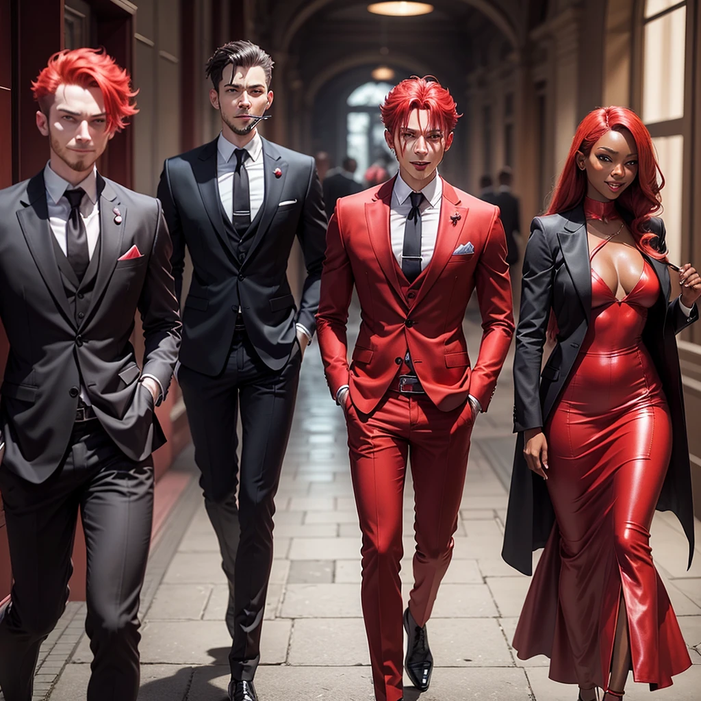 A red being, identical to the devil stereotype, red skin tone, with a cigarette in his mouth and a mischievous smile, with suit and formal clothes