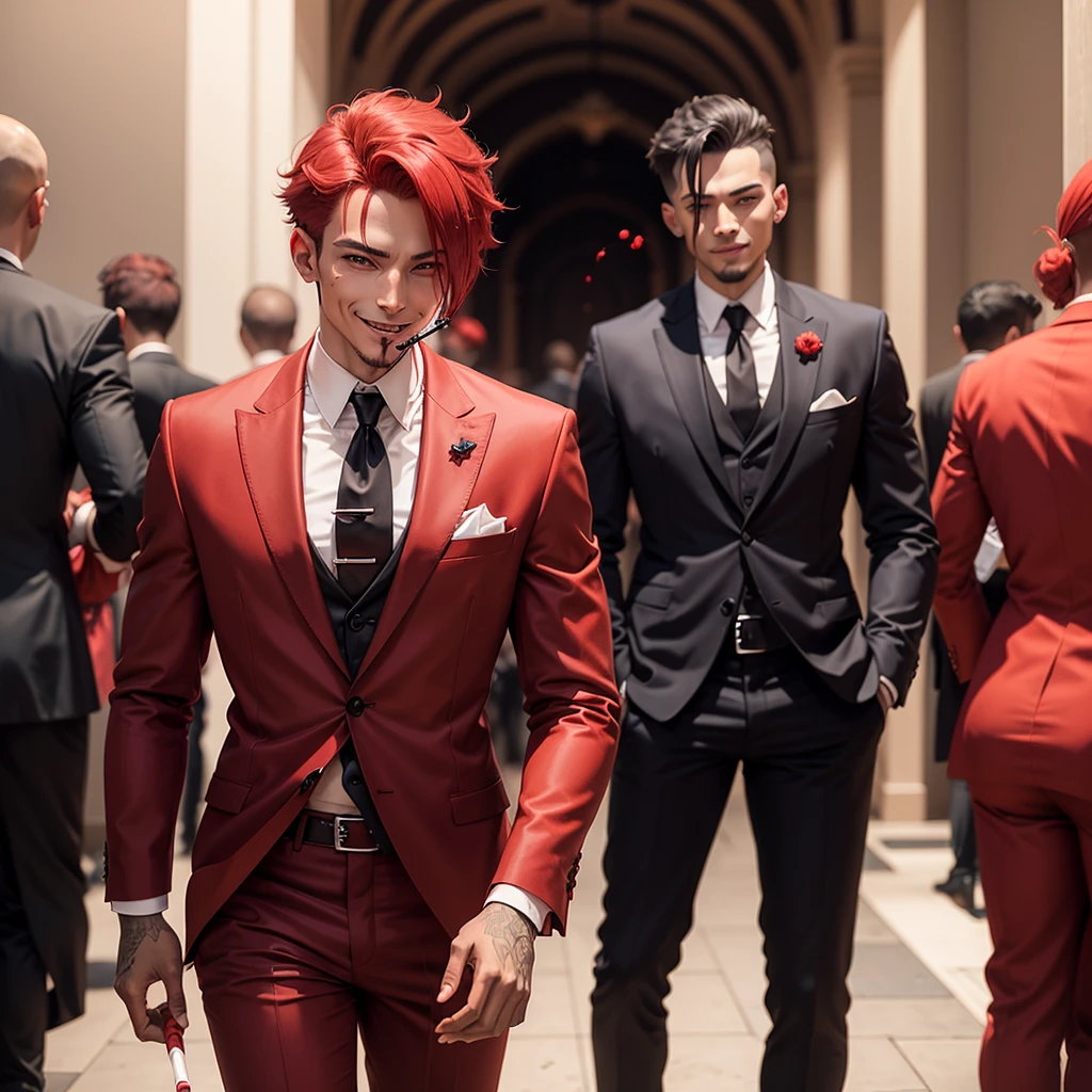 A red being, identical to the devil stereotype, red skin tone, with a cigarette in his mouth and a mischievous smile, with suit and formal clothes
