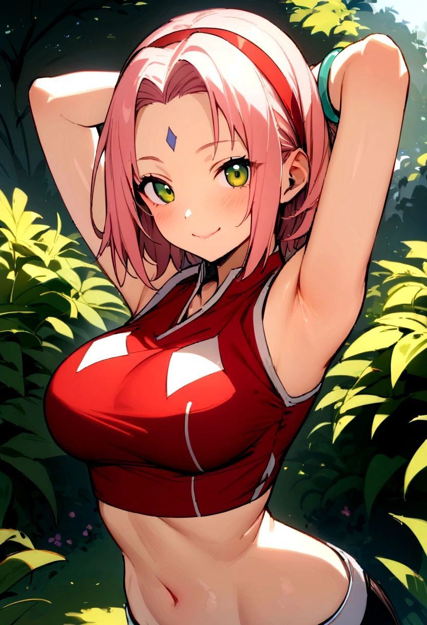 masterpiece, best quality,sharpness,absurdres ,1girl, haruno sakura,forehead mark, red hairband,sexy croptop,bracelet, looking at viewer, (arms behind head:1.1), smile,, middle large breasts,standing in a garden,arms behind back,closeup,only upperbody