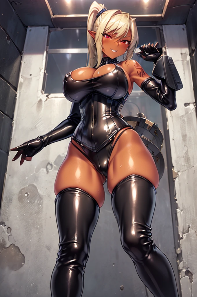 Ultra-detailed,masterpiece,Highest quality,Official image,(Midnight,Space Station:1.3),(Side ponytail long hair,blonde,Pointy Ears:1.1),(Red Eye:1.1),(Tan skin Oily skin:1.5),(Huge breasts:1.2),(model:1.1),(Tattoo),(Natural Makeup),(Shiny clothes,Shiny body,Shiny Chos),(Ecstasy,orgasm),(Five Fingers:1.1),(Leather corset,Leather Gloves,Thigh-high boots:1.5), (Shiny clothes:0.8),(Moderate),(Tattoo:1.1),(vapor,Sweat:1.1),(first round:1.1),(Sexy pose:1.5),Cowboy Shot,(Bright fingers,Brilliant hands,Put your hands behind your back),(An inviting smile)