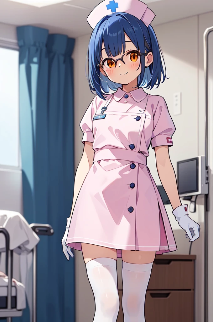 1girl, solo, nurse, nurse cap, white nurse uniform, ((white legwear, zettai ryouiki)), white gloves, glasses, blue hair, orange eyes, smile, standing, ((hospital room)), sharp outline, short sleeves, best quality, masterpiece