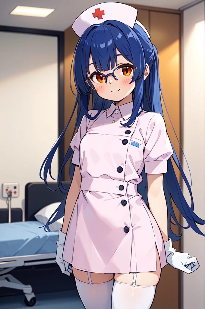 1girl, solo, nurse, nurse cap, white nurse uniform, ((white legwear, zettai ryouiki)), white gloves, glasses, blue hair, orange eyes, smile, standing, ((hospital room)), sharp outline, short sleeves, best quality, masterpiece