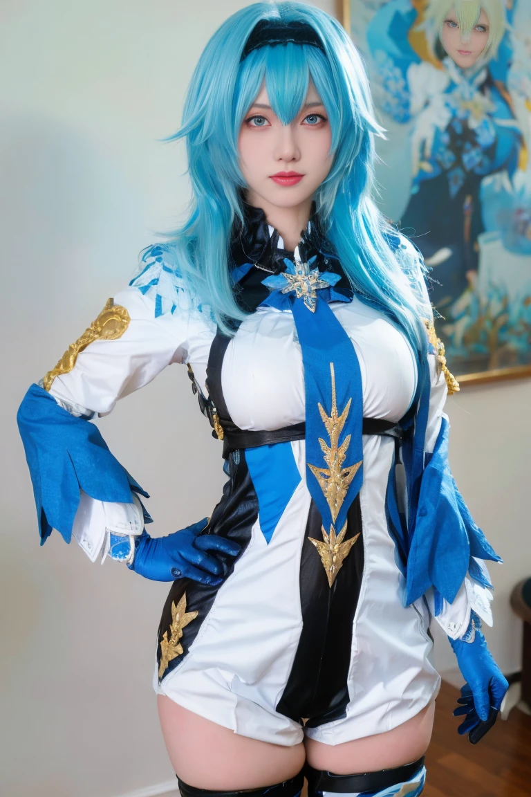 Realistic, realistic image quality of a beautiful girl with blue hair and blue eyes wearing a cosplay costume of the character Eula in the game Genshin Impact