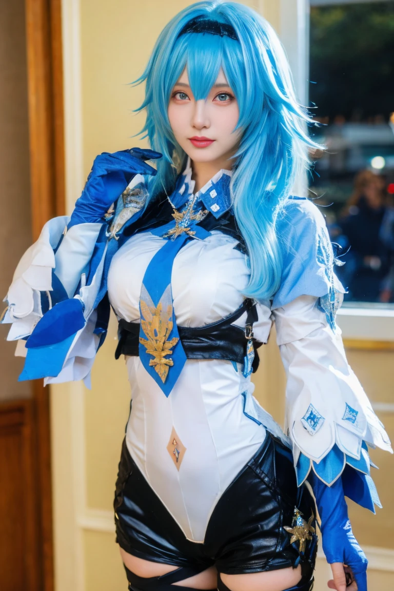  Realistic, realistic image quality of a beautiful girl with blue hair and blue eyes wearing a cosplay costume of the character Eula in the game Genshin Impact 