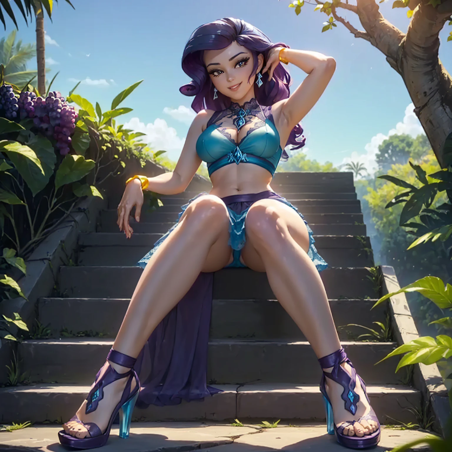 (((beautiful female body))),(((rarity as a sweet charming hot seductive horny model))) ,(((sit on the steps lean to grape tree)))), (((outdoor))),(((jungle in background))),(((lewd and erotic posing))), (((happy wicked smile))) ,(((wear light blue sheer lace transparent see through prom dress))) , (((((upskirt view))))) , breasts are visible , (((wear high heels))) , (((full body))),golden bracelets , (((perfect big breasts))) , lush breasts , Bulky Breasts , voluminous breasts ,(((peeping the viewer))),(((bare belly))),(((side close upskirt view))),(((look at the viewer hands behind head)))