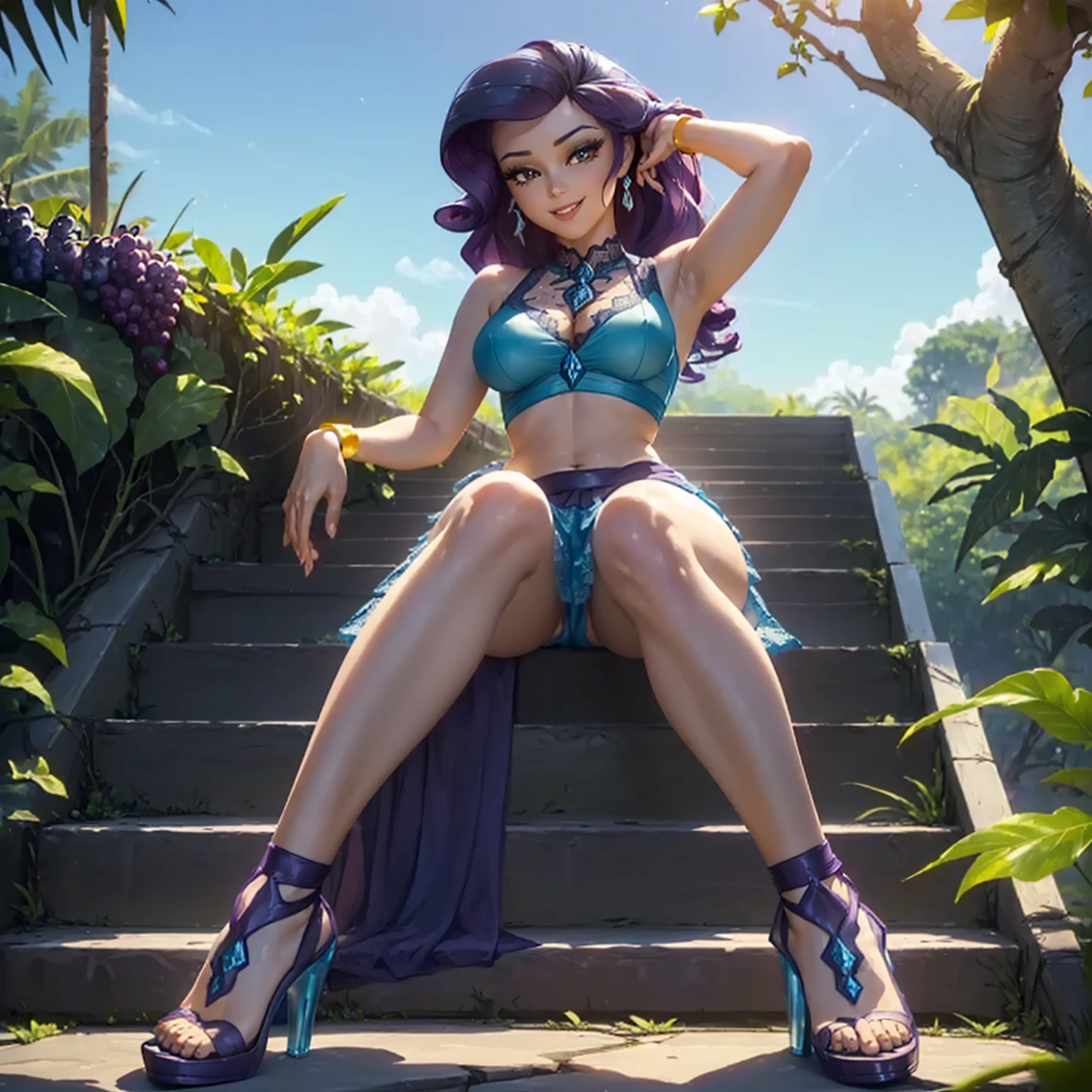 (((beautiful female body))),(((rarity as a sweet charming hot seductive horny model))) ,(((sit on the steps lean to grape tree)))), (((outdoor))),(((jungle in background))),(((lewd and erotic posing))), (((happy wicked smile))) ,(((wear light blue sheer lace transparent see through prom dress))) , (((((upskirt view))))) , breasts are visible , (((wear high heels))) , (((full body))),golden bracelets , (((perfect big breasts))) , lush breasts , Bulky Breasts , voluminous breasts ,(((peeping the viewer))),(((bare belly))),(((side close upskirt view))),(((look at the viewer hands behind head)))