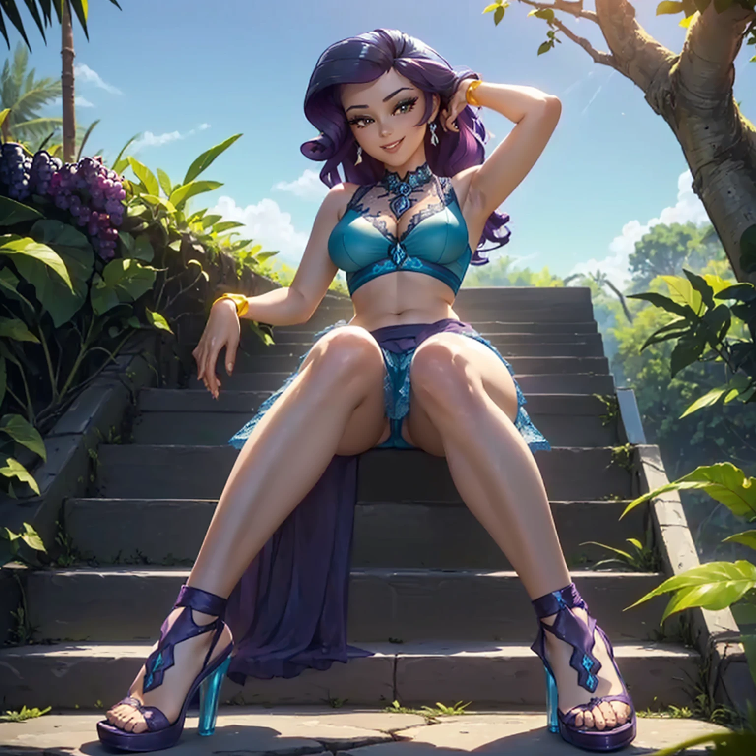 (((beautiful female body))),(((rarity as a sweet charming hot seductive horny model))) ,(((sit on the steps lean to grape tree)))), (((outdoor))),(((jungle in background))),(((lewd and erotic posing))), (((happy wicked smile))) ,(((wear light blue sheer lace transparent see through prom dress))) , (((((upskirt view))))) , breasts are visible , (((wear high heels))) , (((full body))),golden bracelets , (((perfect big breasts))) , lush breasts , Bulky Breasts , voluminous breasts ,(((peeping the viewer))),(((bare belly))),(((side close upskirt view))),(((look at the viewer hands behind head)))