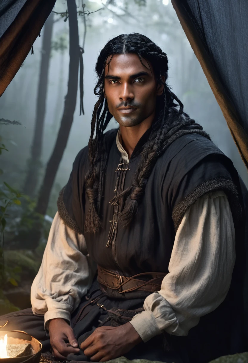 1 man, inside a tent in the medieval forest, wearing common medieval clothes, detailed facial features, dark and masculine eyes, detailed dark black skin, long dark black hair messy with small braids next to the loose hair, soft and gentle expression, dramatic lighting , cinematic composition, cool dark palette and dark colors, atmospheric fog, handsome and masculine face, strong chin, manly man, (best quality, 4K, 8K, high resolution, art: 1.2), ultra-detailed, (realistic, photorealistic, photorealistic: 1.37)