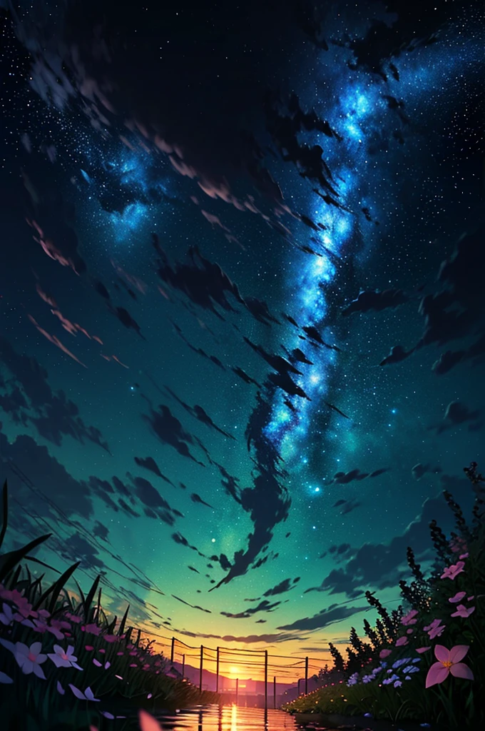 Cherry Blossoms at Night,coat,Put your hands in your pockets,(student, 18-year-old,beauty, Her short silver hair sways, Space-colored eyes, Pale skin, Tired face、Lack of eye sparkle\), (Many bright blue butterflies flying in the sky), (Shine in the sky), Beautiful starry sky,There are puddles on the ground、The scenery is beautiful., Looking up at the wide sky, Colorful summer flowers are blooming everywhere, I see the wind blowing and shining,From below, break ,Highest quality\(8K,非常に精細なCGユニットのwallpaper, masterpiece,High resolution,Highest quality,Highest quality real texture skin,Surreal,Increase the resolution,RAW Photos,Highest quality,Very detailed,wallpaper,Cinema Lighting,Ray Tracing,Golden Ratio\),Have a long-term perspective,Anatomically correct.
