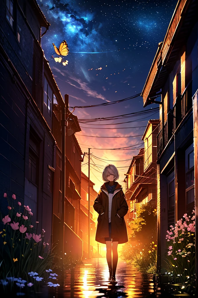 Cherry Blossoms at Night,coat,Put your hands in your pockets,(student, 18-year-old,beauty, Her short silver hair sways, Space-colored eyes, Pale skin, Tired face、Lack of eye sparkle\), (Many bright blue butterflies flying in the sky), (Shine in the sky), Beautiful starry sky,There are puddles on the ground、The scenery is beautiful., Looking up at the wide sky, Colorful summer flowers are blooming everywhere, I see the wind blowing and shining,From below, break ,Highest quality\(8K,非常に精細なCGユニットのwallpaper, masterpiece,High resolution,Highest quality,Highest quality real texture skin,Surreal,Increase the resolution,RAW Photos,Highest quality,Very detailed,wallpaper,Cinema Lighting,Ray Tracing,Golden Ratio\),Have a long-term perspective,Anatomically correct.