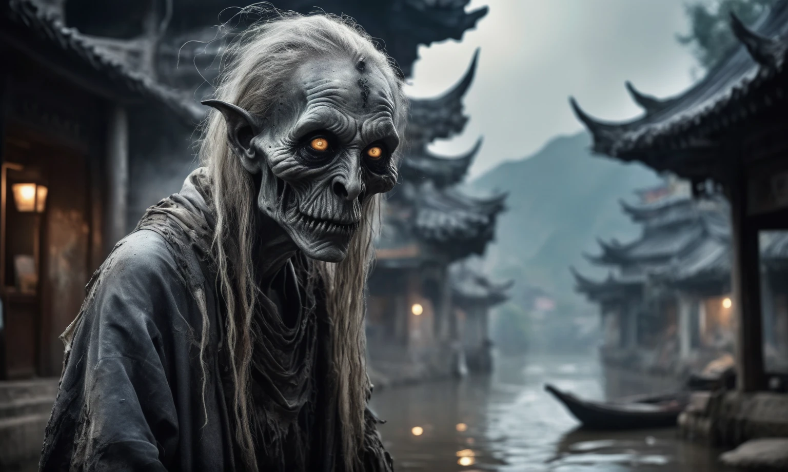 full body length shot,beggar graphite Manganite sparas, wants eat,survival in Korean city of future,Cinematic,soft colors, Technicolor,natural skin textures, hyper realism, hyper detailed,Extremely detailed,High contrast,Masterpiece,Realistic,Ultra Detailed, intricate details,realistic humid leather,extremely intricate,Epic Realistic, cinematic style,irina yermolova,high contrast,hdr,extremely detailed, [deep night landscape],masterpiece,intricate details,faded,eyes extremely detailed, high detailed eyes,16k resolution,RAW,retina, Nikon Z9,China,Songbird,orc,Li River in Guangxi Zhuang of China,tkt style, Pisces, pointed ears，perfect, ginger，transition between two art styles, Ink painting to photorealism, Double contact, X-ray, Creative, vivid light, masterpiece, fantasy, Abstract, Surrealism, super detailed, high resolution, stop:35,(((creature with a spectral and ghostly appearance)). Her skin is pale, almost translucent.strange wears dark, torn clothes that float around him, as if permeated by an aura of mourning. Its appearance is complemented by details such symbols of  gothic elements, further emphasizing its dark air. is photo as a haunted and tormented entity,{creature}