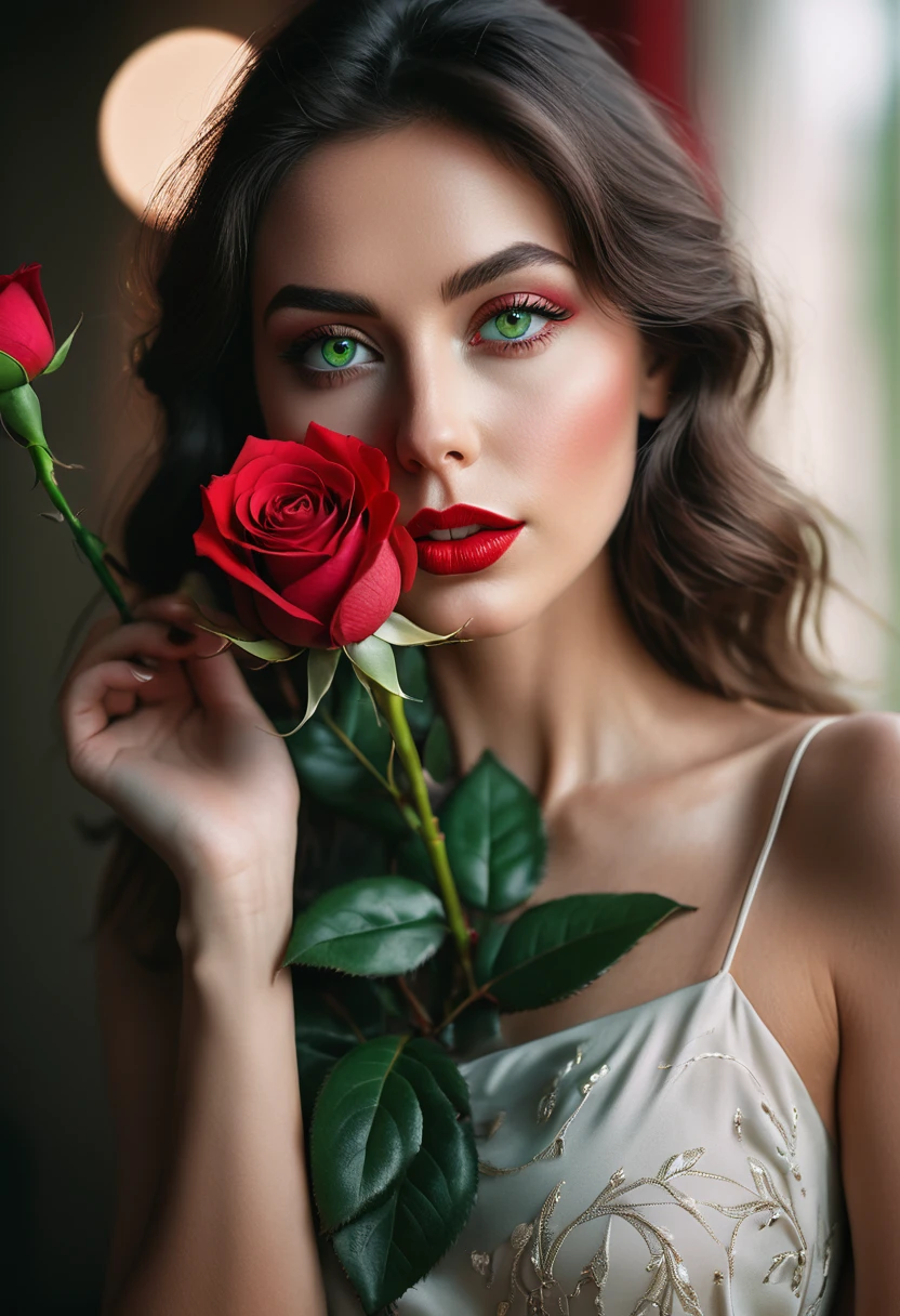 a woman with green eyes, flawless skin, half body shot, holding a red rose, whimsical photography style, captured with an Arriflex 35BL camera using Canon K25 prime lenses, cinematic, dramatic lighting, ultra clear, breathtaking surreal masterpiece.