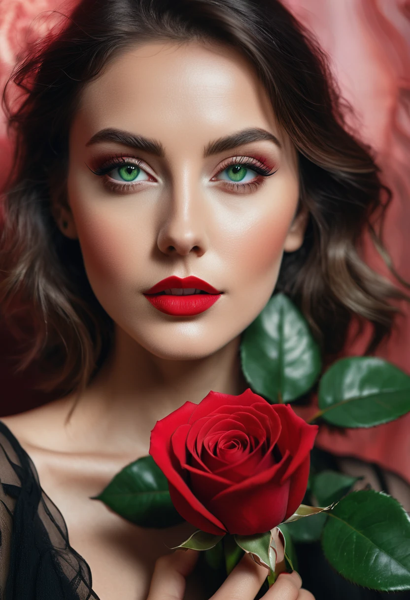 a woman with green eyes, flawless skin, half body shot, holding a red rose, whimsical photography style, captured with an Arriflex 35BL camera using Canon K25 prime lenses, cinematic, dramatic lighting, ultra clear, breathtaking surreal masterpiece.
