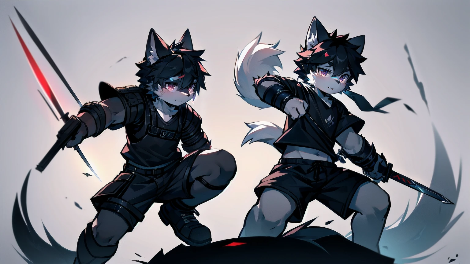 White Wolf，black hair，Red eyes，Wolf ears，Wolf Tail，juvenile，male，hairy，Hair，Half body armor，Combat uniform，Silver and black clothing，Handsome，Handsome，shorts，The forearm is exposed，leg，Fighting Stance，Duel，Two people，Anxious，Armed with a sword，Simple background，Swords