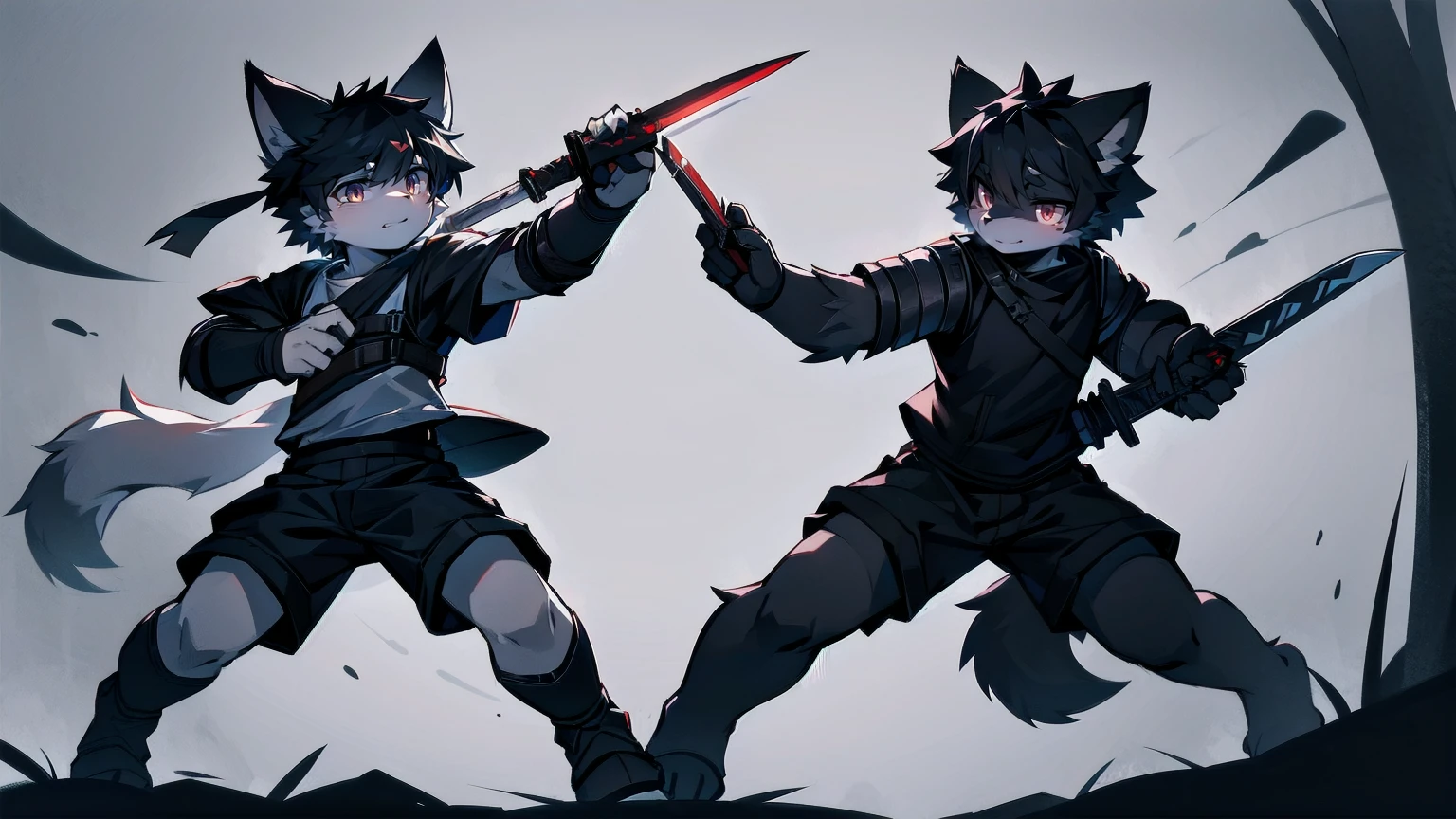 White Wolf，black hair，Red eyes，Wolf ears，Wolf Tail，juvenile，male，hairy，Hair，Half body armor，Combat uniform，Silver and black clothing，Handsome，Handsome，shorts，The forearm is exposed，leg，Fighting Stance，Duel，Two people，Anxious，Armed with a sword，Simple background，Swords