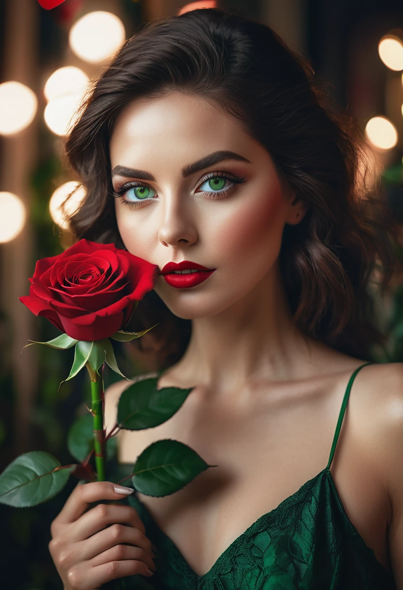 a woman with green eyes, flawless skin, half body shot, holding a red rose, whimsical photography style, captured with an Arriflex 35BL camera using Canon K25 prime lenses, cinematic, dramatic lighting, ultra clear, breathtaking surreal masterpiece.

