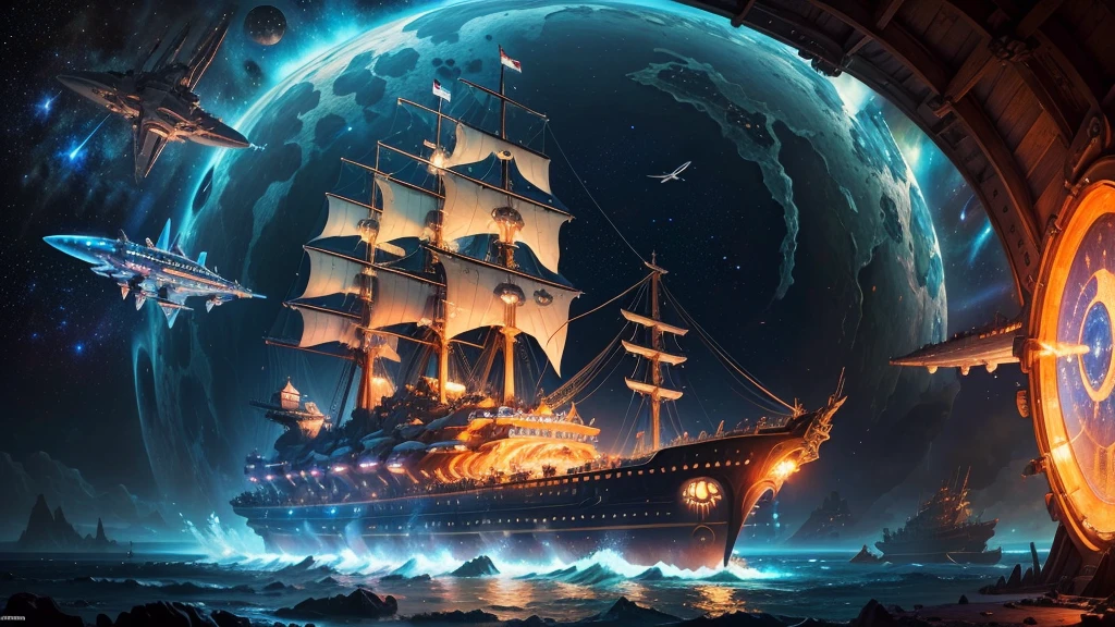 (Expressionism:1.3), (retrofuturistic spaceship in the shape of Noah's Ark:1.2) with portholes and cannons, (exotic animals around), fishes, amidst the vast cosmos of thoughts and ideas, breathtaking, shiny stars, vivid colors, cosmic scenery