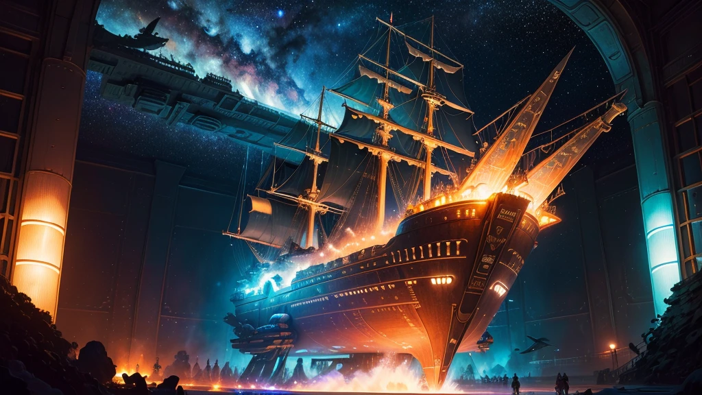 (Expressionism:1.3), (retrofuturistic spaceship in the shape of Noah's Ark:1.2) with portholes and cannons, (exotic animals around), fishes, amidst the vast cosmos of thoughts and ideas, breathtaking, shiny stars, vivid colors, cosmic scenery