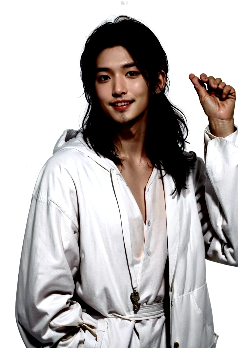 A man smiling and showing his teeth. short hair. Permed hair. (Fair Skin),(Knowing),Iris,(Gender: Natural Face),Long Body,Handsome Asian Man, Short and Clean Hair, ((Center Part)), White Lab Coat with Black Hoodie Underneath, Calm and Confident Expression, Cool, Plain White Background, Portrait, High Quality, Details,30s, Shin Jin Young, , Lee Won Bin, The background is plain white.